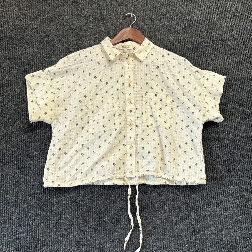 Madewell Women's M Cream Floral Button Front Crop Shirt Drawstring Cotton